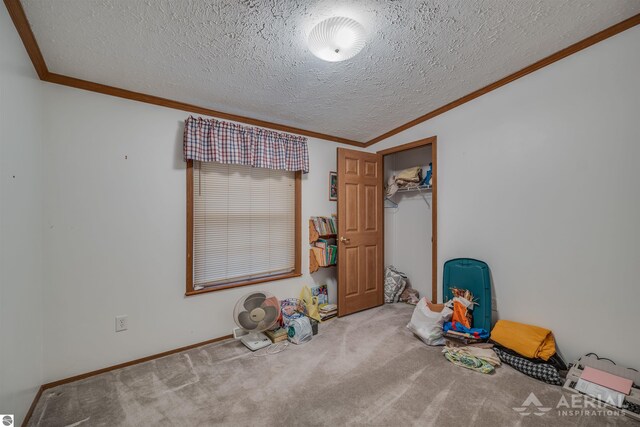 interior space with carpet, crown molding, and a textured ceiling