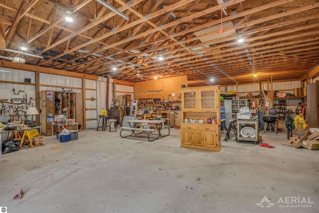 garage with a workshop area