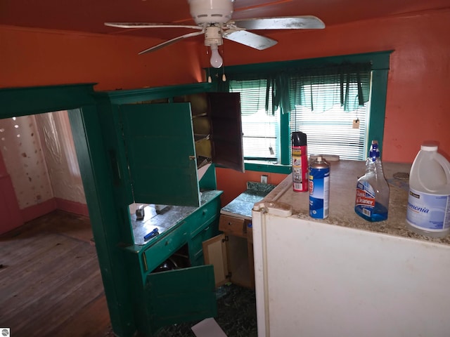 kitchen with hardwood / wood-style floors, ceiling fan, and green cabinetry