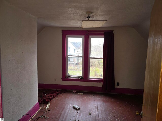 bonus room featuring a textured ceiling, lofted ceiling, and hardwood / wood-style flooring