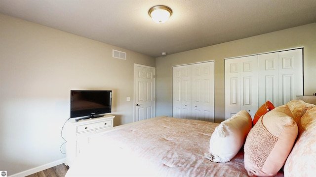 bedroom with wood-type flooring and two closets