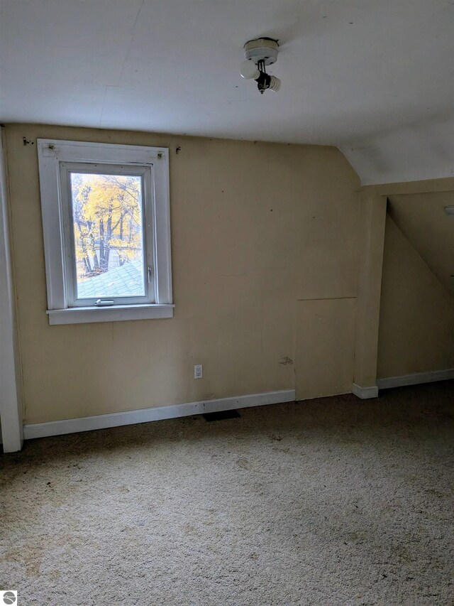 additional living space with lofted ceiling and carpet floors