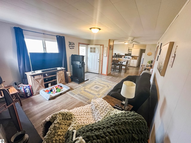 living room with wood-type flooring and ceiling fan