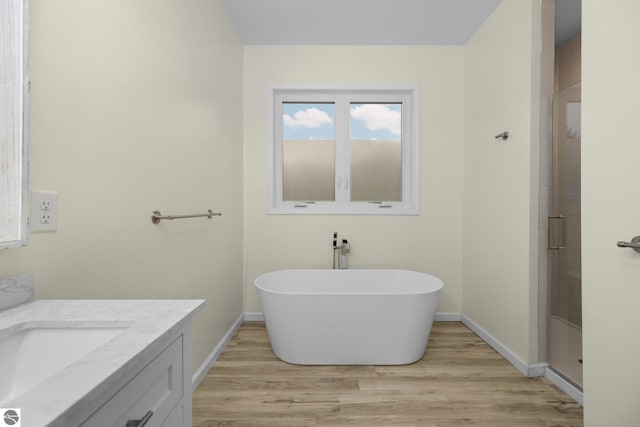 bathroom with hardwood / wood-style floors, vanity, and shower with separate bathtub