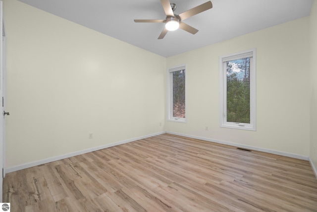 empty room featuring ceiling fan and light hardwood / wood-style floors