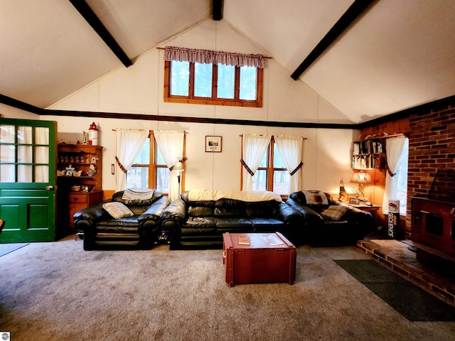 living room with carpet, beam ceiling, high vaulted ceiling, and a wood stove