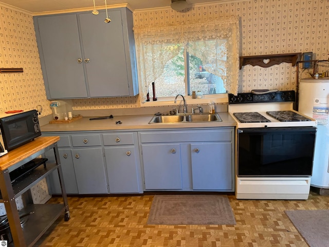 kitchen with white electric range oven, water heater, crown molding, and sink