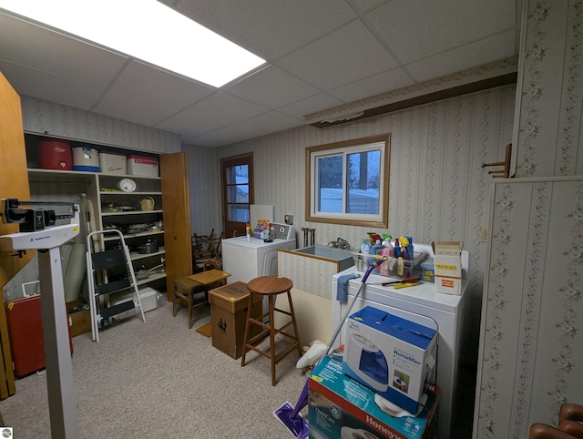 interior space with light colored carpet and independent washer and dryer