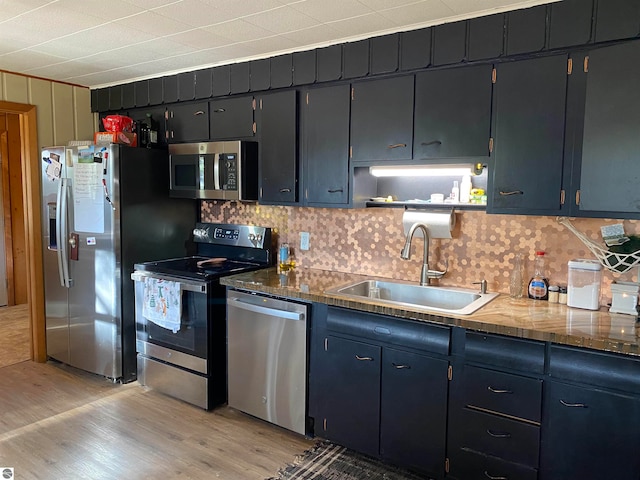 kitchen featuring decorative backsplash, sink, stainless steel appliances, and light wood-type flooring