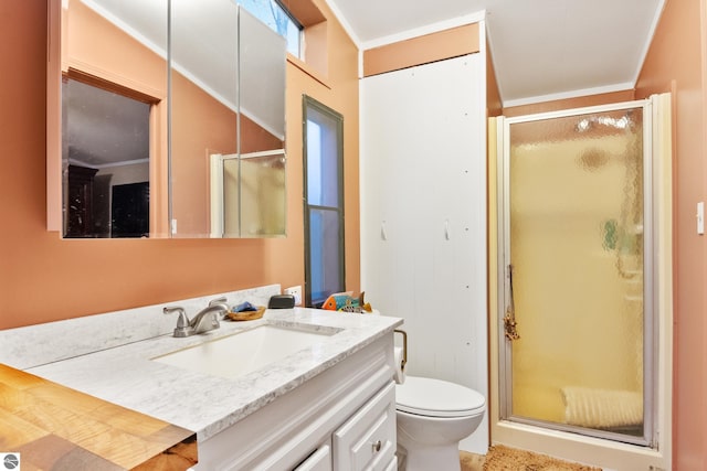 bathroom featuring a shower with door, vanity, and toilet