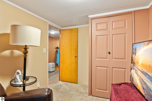 sitting room featuring light colored carpet and ornamental molding