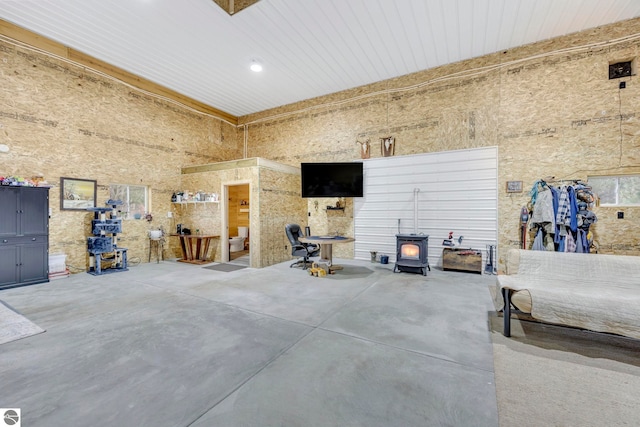 garage with a wood stove