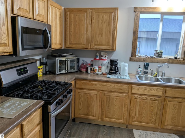 kitchen featuring sink, stainless steel appliances, and dark wood-type flooring