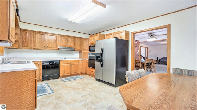 kitchen with sink, ceiling fan, and black appliances