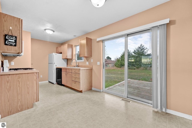 kitchen with black dishwasher, sink, light brown cabinets, and white refrigerator