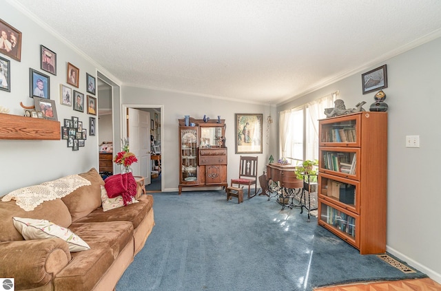 sitting room with carpet, crown molding, lofted ceiling, and a textured ceiling