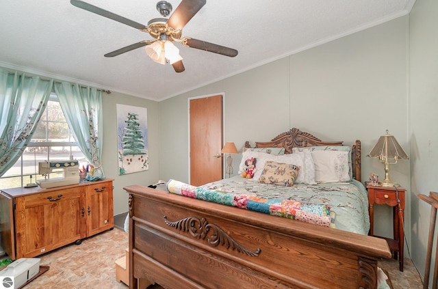 bedroom featuring a textured ceiling, vaulted ceiling, ceiling fan, and ornamental molding