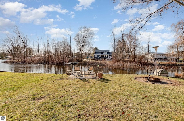 view of dock featuring a water view and a lawn