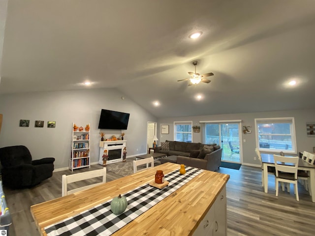 kitchen with butcher block counters, ceiling fan, dark wood-type flooring, and lofted ceiling