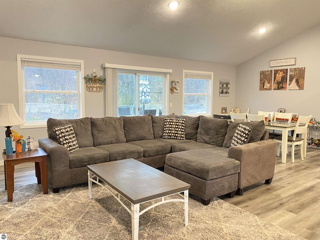 living room with lofted ceiling, a textured ceiling, and light hardwood / wood-style flooring