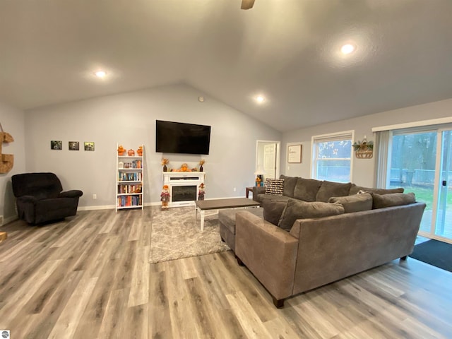 living room with light hardwood / wood-style flooring and vaulted ceiling