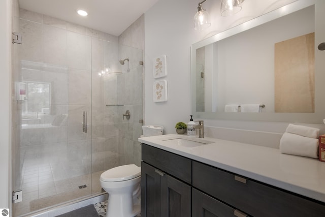 bathroom with vanity, an enclosed shower, and toilet