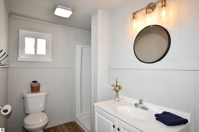 bathroom with vanity, wood-type flooring, and toilet