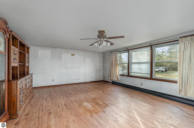 empty room featuring ceiling fan, light hardwood / wood-style flooring, and a baseboard radiator