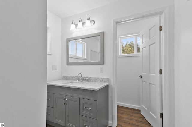 bathroom with hardwood / wood-style floors and vanity