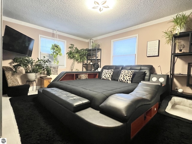 living room featuring a textured ceiling, tile patterned floors, and ornamental molding