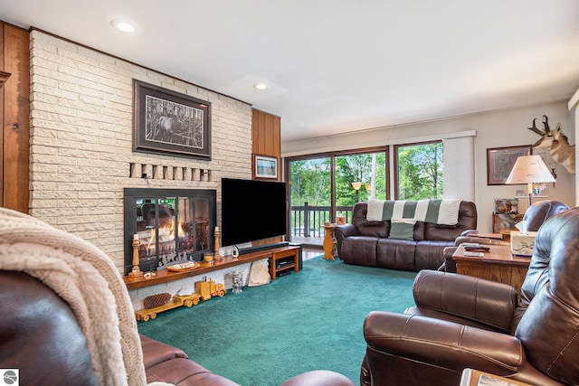 carpeted living room featuring a brick fireplace