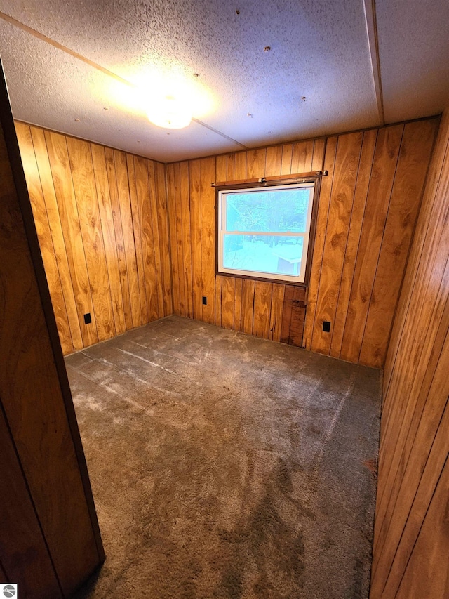 carpeted spare room featuring wood walls and a textured ceiling