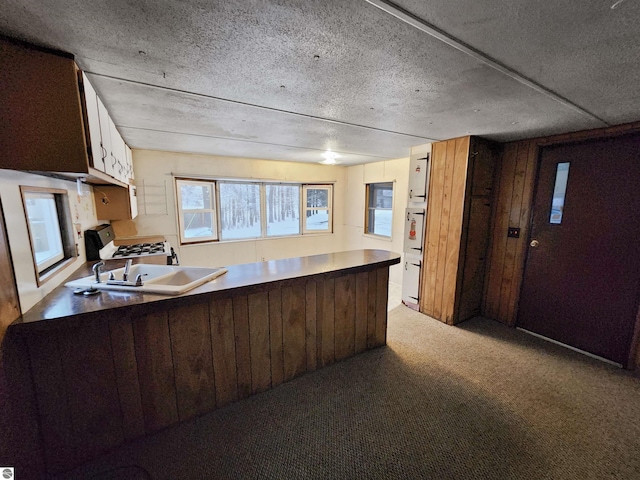 kitchen with white oven, gas range, carpet floors, and a textured ceiling