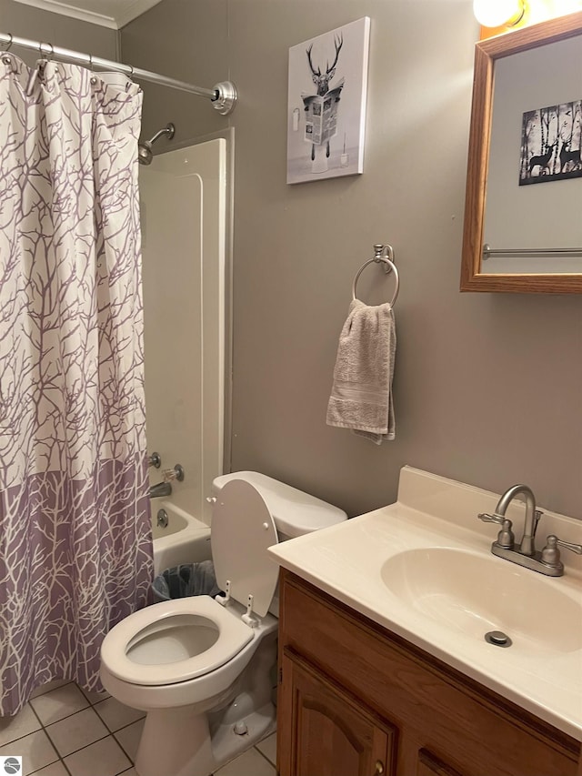 full bathroom featuring tile patterned flooring, vanity, shower / bath combination with curtain, and toilet