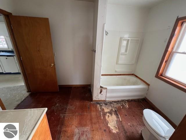 bathroom with vanity, toilet, and wood-type flooring