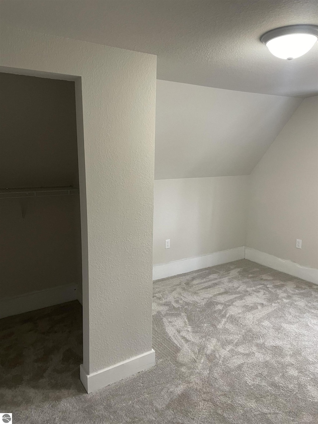 additional living space with lofted ceiling, carpet floors, a textured ceiling, and a textured wall