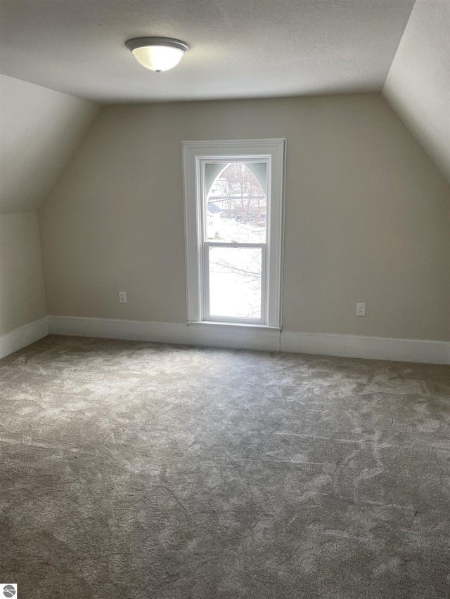 bonus room with lofted ceiling, carpet floors, and a textured ceiling