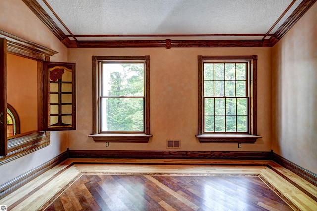 spare room featuring hardwood / wood-style floors, a healthy amount of sunlight, and a textured ceiling