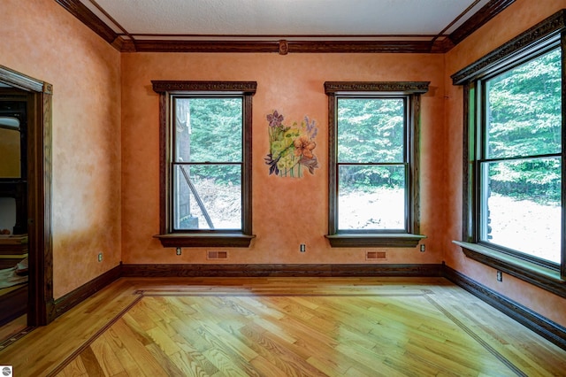 spare room featuring ornamental molding, light wood-type flooring, and a healthy amount of sunlight