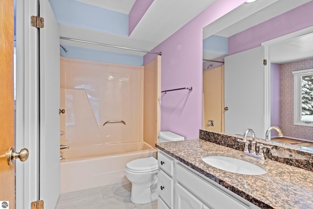 full bathroom featuring shower / bathing tub combination, vanity, and toilet