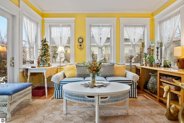 sunroom with ornamental molding