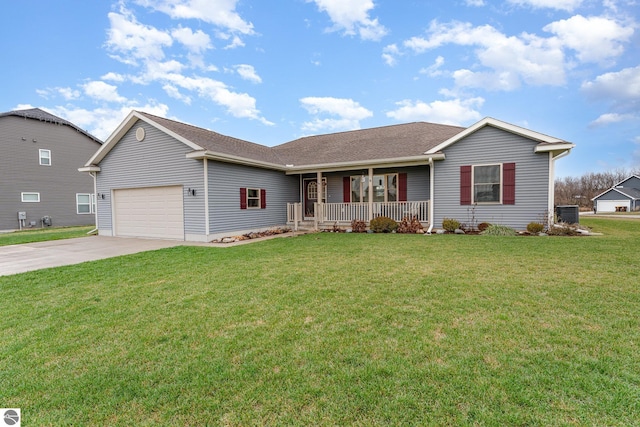 ranch-style home with central air condition unit, covered porch, a front yard, and a garage