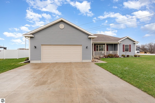 ranch-style home featuring a porch, a garage, and a front lawn