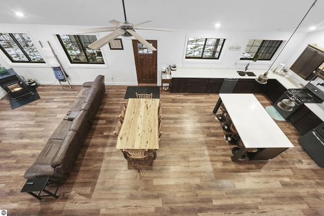 living room with plenty of natural light, ceiling fan, and wood-type flooring