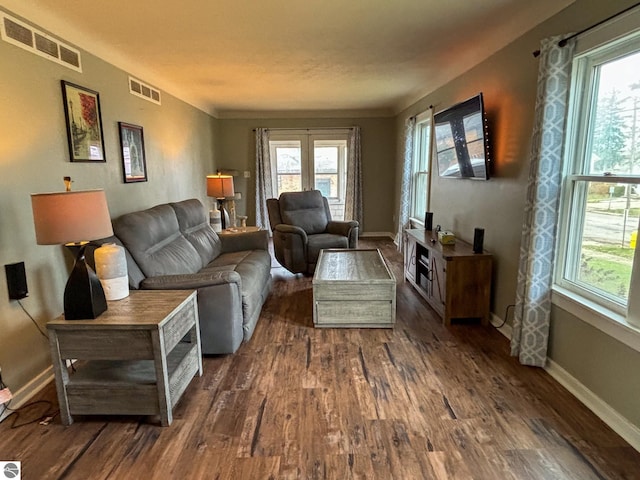 living room with dark hardwood / wood-style floors