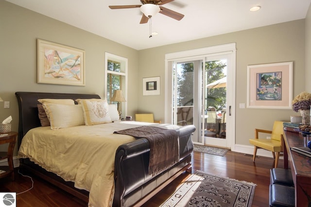 bedroom featuring access to exterior, ceiling fan, and dark hardwood / wood-style flooring