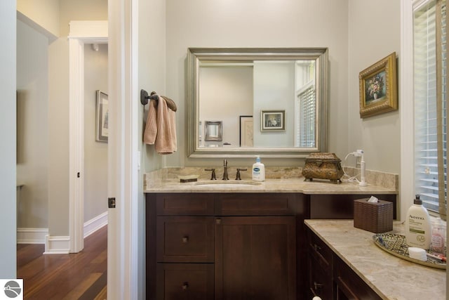 bathroom with wood-type flooring and vanity