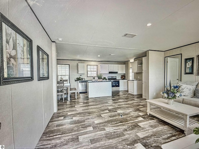 kitchen with dark hardwood / wood-style flooring, white cabinets, a kitchen island, range hood, and stainless steel appliances