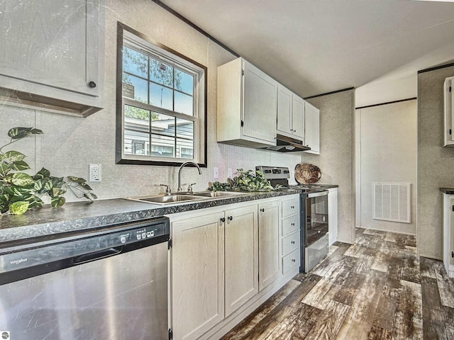 kitchen with sink, dark hardwood / wood-style flooring, and stainless steel appliances