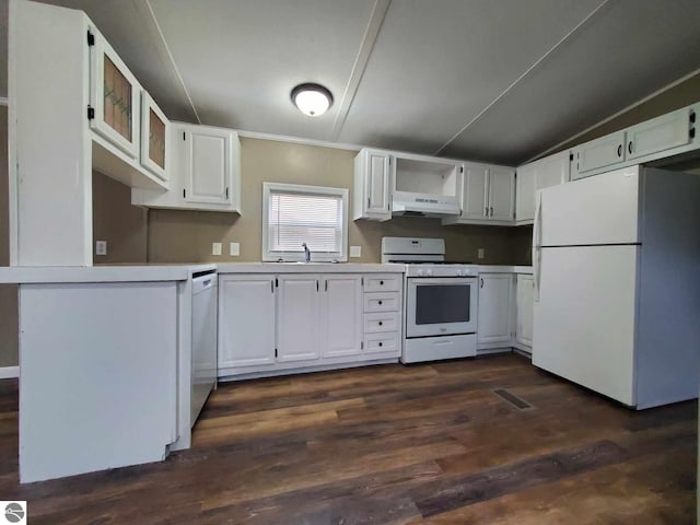 kitchen with white appliances, extractor fan, dark wood-type flooring, sink, and white cabinets